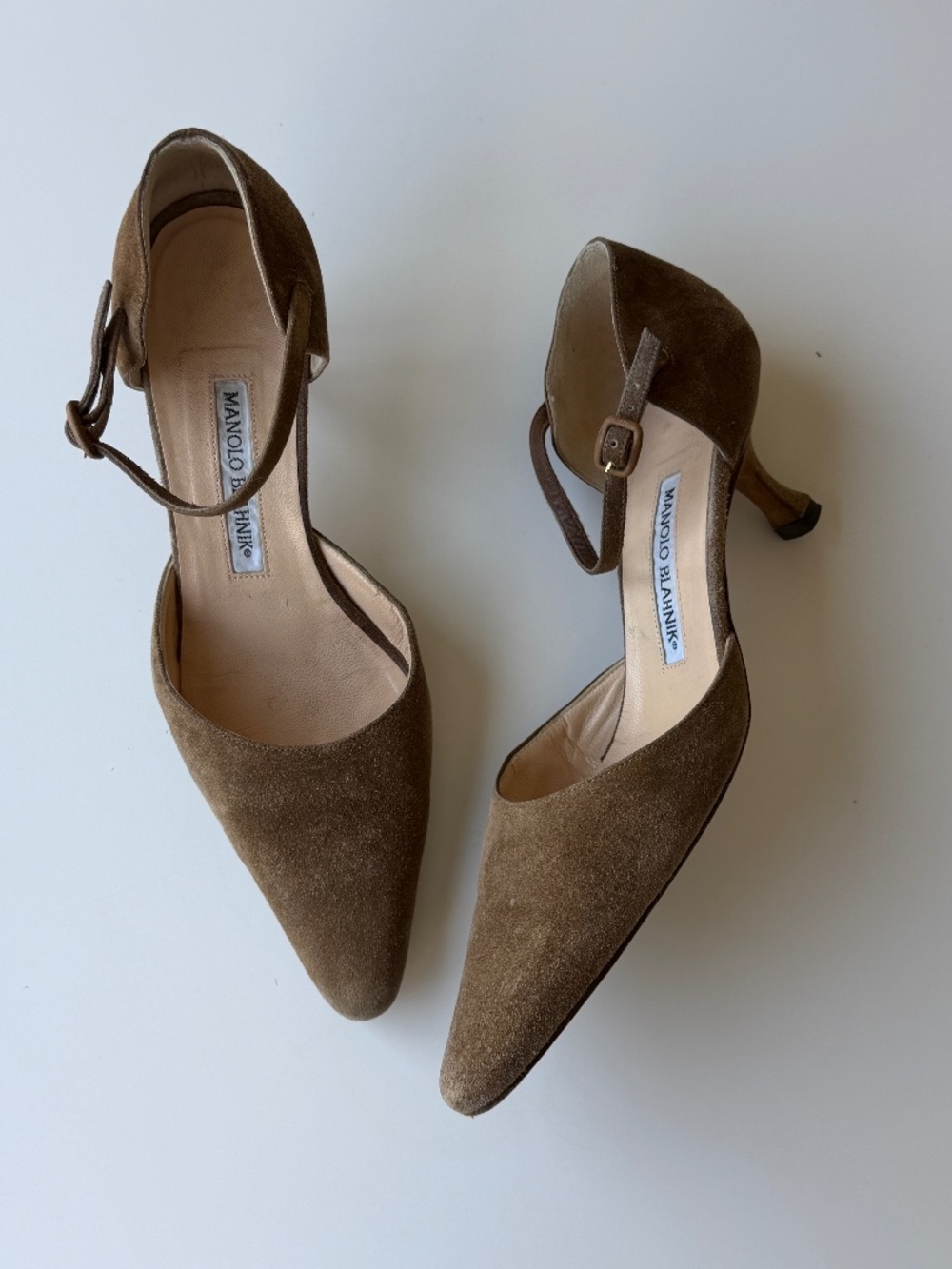 Manolo Blahnik vintage camel-brown suede ankle strap heels, IT 37.5, ~US 7-7.5